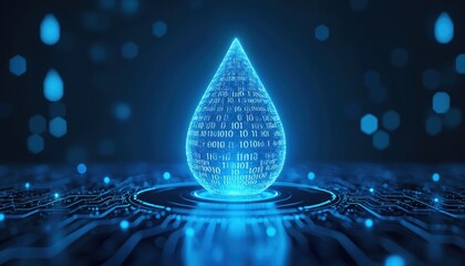 Digital blue water drop icon filled with binary code. Artificial intelligence in water resource management, hydrology modeling, eco monitoring, analysis for sustainable conservation efforts.