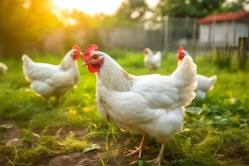 Fototapeta premium Free-Range Chickens: White Broiler Hens Grazing in Sunny Green Pasture, Farm Fresh Poultry, Sustainable Agriculture Stock Photo