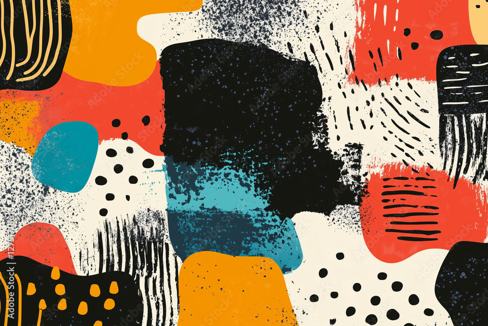 Poster colorful abstract painting with splatters of paint and brush strokes. the painting is a mix of diffe