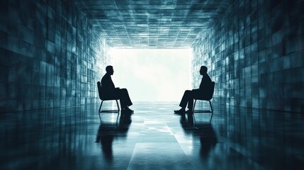 Obraz premium Silhouetted Figures in a Mysterious Hallway: A Contemplative Business Negotiation