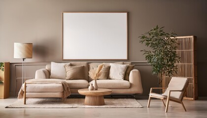 Modern Interior Living Room Mockup with Warm and Cozy Aura, Showcasing a Frame on Wall in a Stylish Background, Perfect for Digital Art, Home Decor, or Design Inspiration.