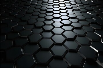 Fototapeta premium Abstract Dark Hexagon Pattern Background: Modern Geometric Texture Design, Black Honeycomb Tile Mosaic, Futuristic 3D Rendering, Minimalist Style