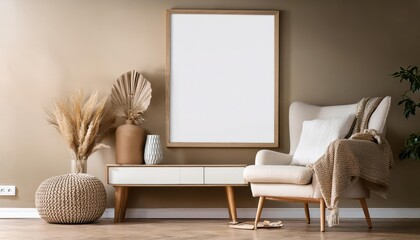 Modern Living Room Poster Frame Vibrant Wall Art featuring a Mockup of a Framed Poster in a Cozy, Warm Interior Setting, Perfect for Home Decor or Design Inspiration.