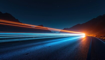 Night highway with light trails of speeding cars. Long exposure photo. Headlights and taillights create motion blur. Dark sky with stars and mountains on the horizon. Modern tech, transport.