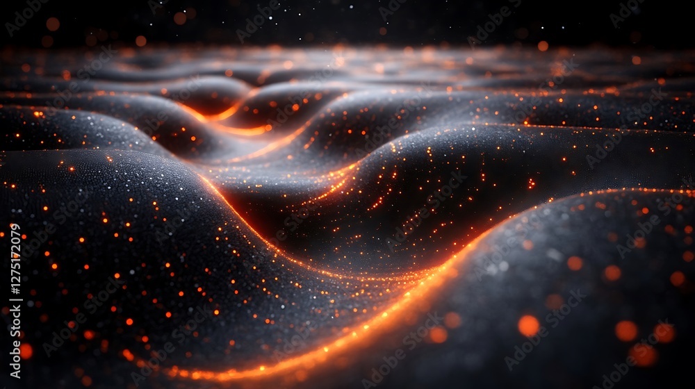 Poster undulating dark surface with glowing orbs and ethereal light streams