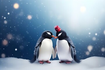 Obraz premium Cute Penguins in Love: Adorable Pair Kissing in Snowy Winter Scene, Romantic Bird Couple, Digital Art Illustration
