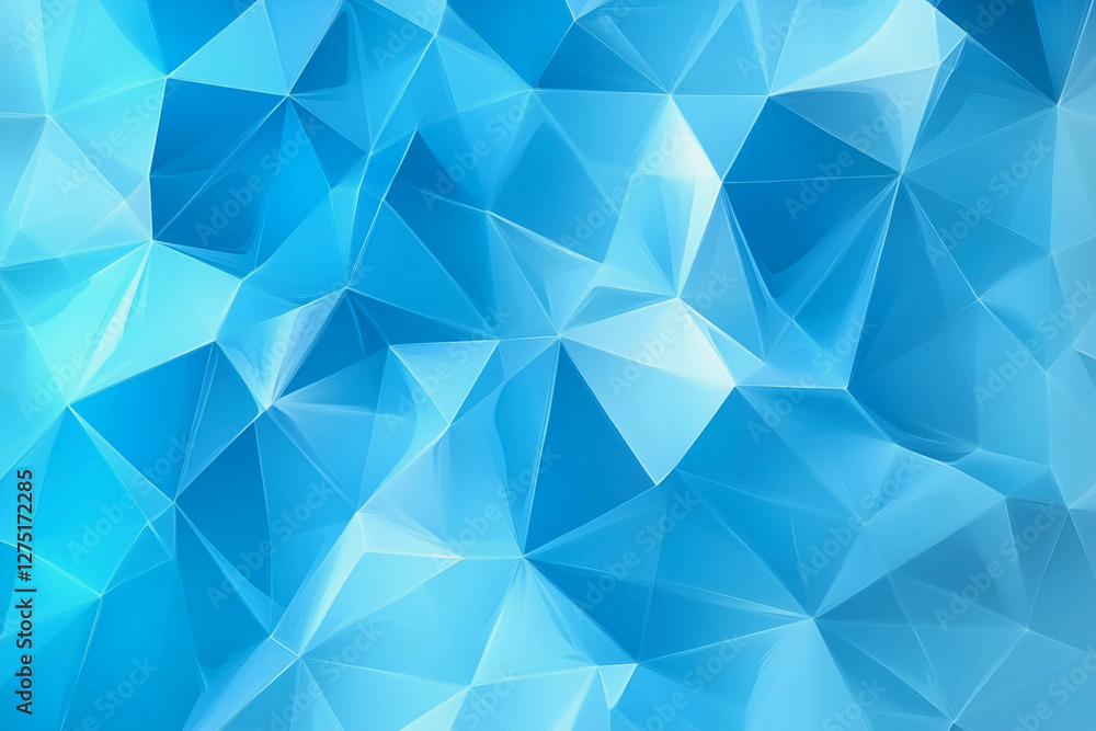Poster blue background with a lot of triangles. the triangles are of different sizes and are scattered thro