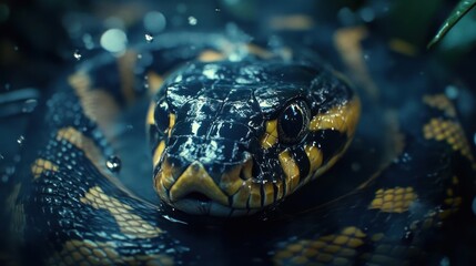 Close-up of a snake's head with yellow and black scales