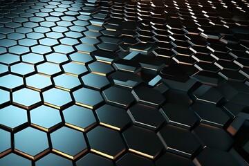 Fototapeta premium Abstract 3D Hexagon Pattern Background: Dark Geometric Texture with Metallic Lighting for Modern Design and Technology Visuals