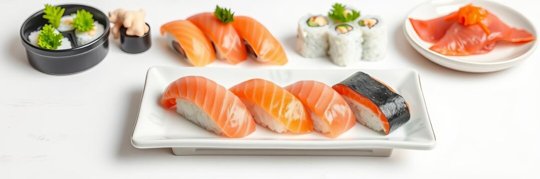 Akami Oba ginger sushi on red sushi rice, served on a tile plate in Japanese food style against a white table background, red sushi, tuna