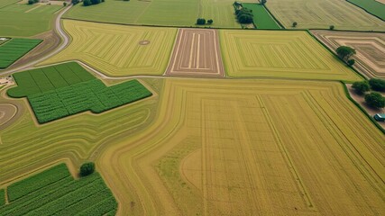 Obraz premium Aerial view of green fields with contour farming techniques to prevent soil erosion and promote sustainable agriculture, eco-friendly, farmland