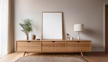 3D Mockup Poster Frame on Rustic Wooden Cabinet in Cozy Home Interior A Serene Scene of Elegance and Modern Simplicity, Enhancing Spatial Awareness and Depth Perception