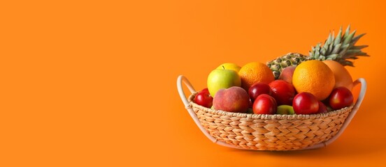 Basket of fresh fruits on orange background with space for text