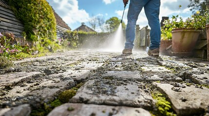 Cleaning cobblestone pathway garden photography outdoor low angle home maintenance tips