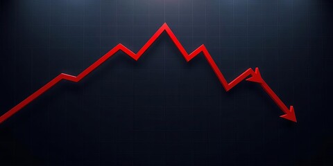 Abstract stock market crash chart with downward trend lines and red arrows on a dark background, economic crisis, crash