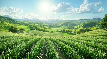 Naklejka premium Vibrant green crop fields under bright sunlight rural landscape nature photography serene environment wide view agriculture concept