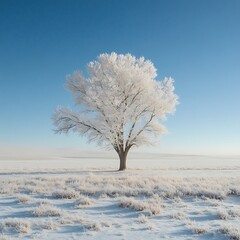 Frosted tree, winter landscape, open field, serene scene