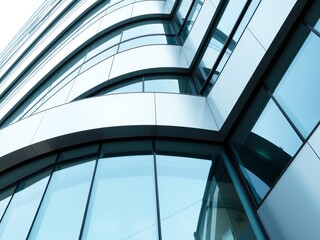 Abstract modern business building with curve line details on steel facade background, modern, facade