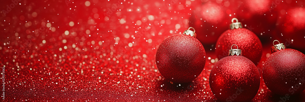 Poster red background with a bunch of red christmas ornaments. they are arranged in a way that they are sca
