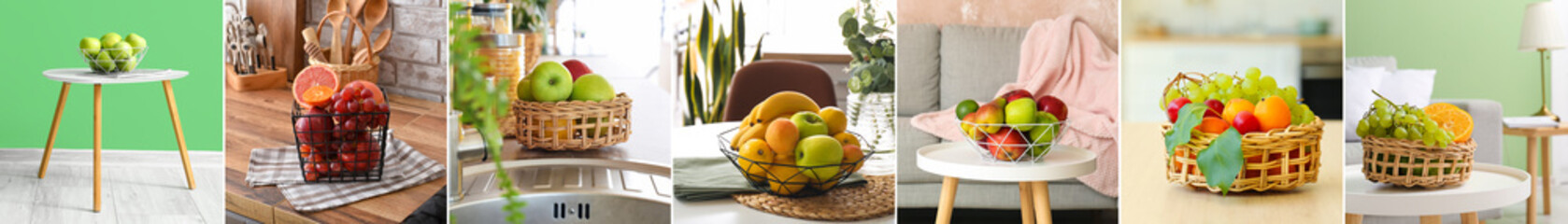 Collage of baskets with fresh fruits in domestic interiors
