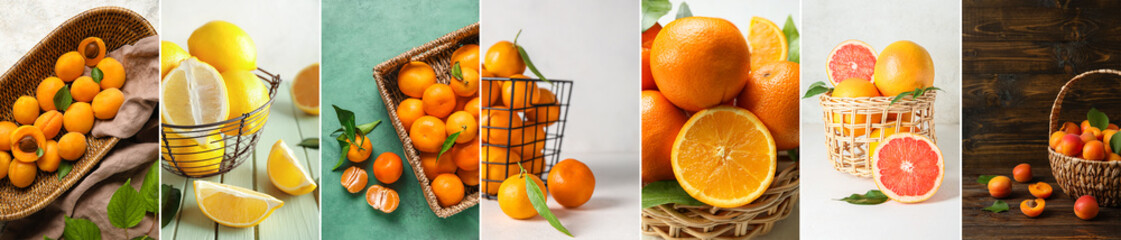 Collage of baskets with many ripe fruits