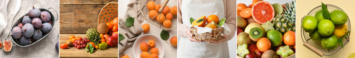 Collage of baskets with many ripe fruits