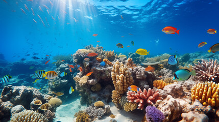 Obraz premium Underwater view of a colorful sea coral reef with fishes. Underwater