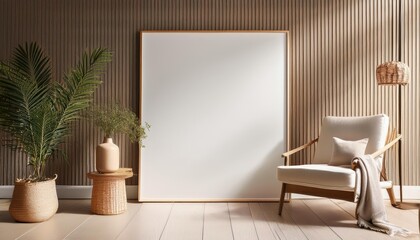 3D Scandinavian Style MockUp Poster in Cozy Interior Background Minimalist Nordic Charm and Warmth Filled with Textured Wood, Clean Lines, and Subtle Geometric Patterns.