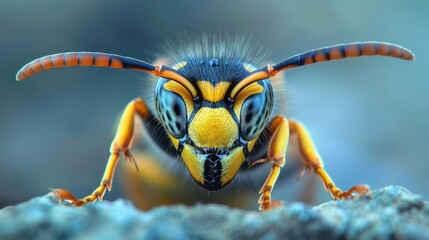 A close-up of a yellow and black wasp