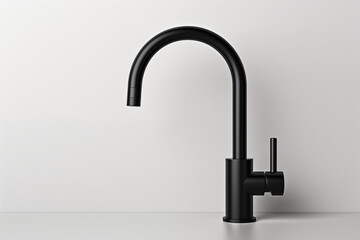 Matte black modern kitchen faucet with a sleek curved design. This stylish faucet adds contemporary touch to kitchen interiors with its minimalist structure.