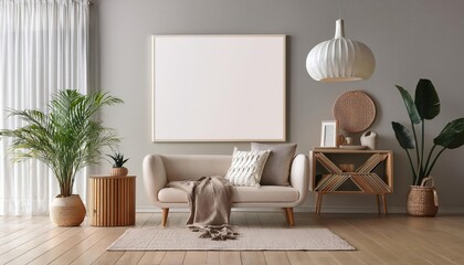 3D Scandinavian Interior Mockup Poster in Cool Minimalist Background, Showcasing a Cozy Atmosphere with Nordic Textures and Sophisticated Elegance, Perfect for Modern Decor or Digital Art.