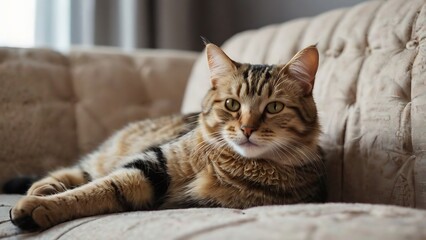Cat lying on the bed and floor with close-up portrait of a cute tabby kitten sleeping peacefully