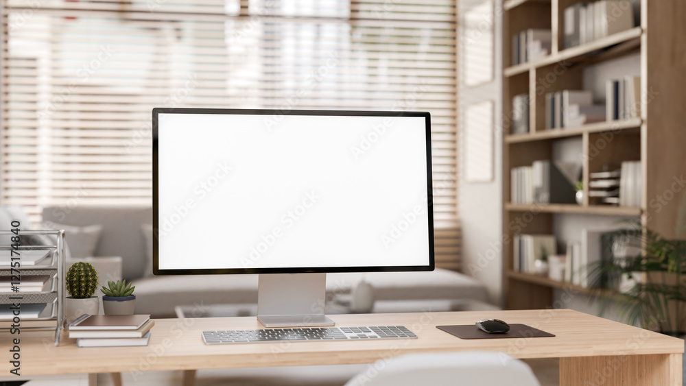 Canvas Prints a close-up of white screen computer on the wooden table with decorative items in study room.
