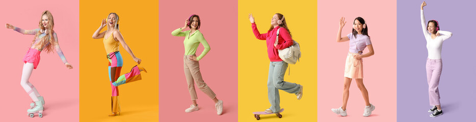 Set of many young women listening to music on color background