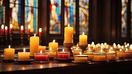Lit candles of various sizes on a table with blurred stained glass windows and warm lighting in the background.