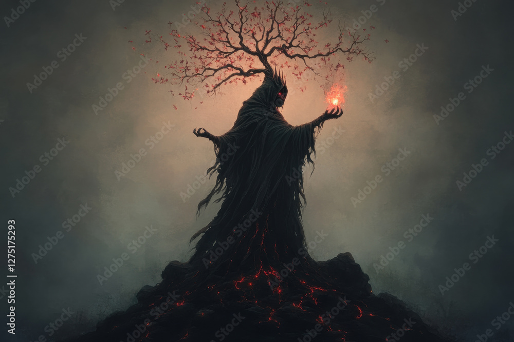 Poster a dark figure is holding a glowing red object in front of a tree