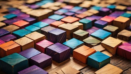 A colorful arrangement of small, rectangular wooden blocks,