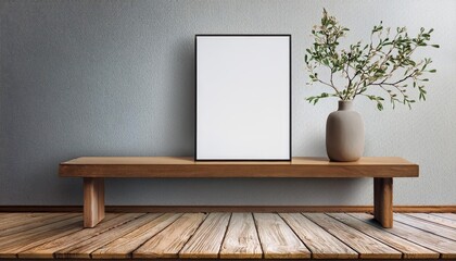 3D Render of Mock up Poster featuring Wooden Bench and Branch in Vase on a Rustic Tabletop against a Background of a Leafy Forest, Showcasing a Harmonious Blend of Nature and Modernism, Exuding