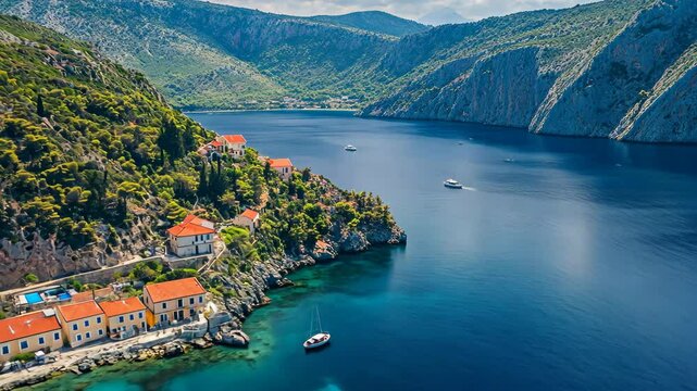 Discover the beauty of Assos village in Kefalonia with stunning aerial views of the blue sea and peaceful coastline, Assos village Kefalonia aerial view Beautiful sea and nature landscape