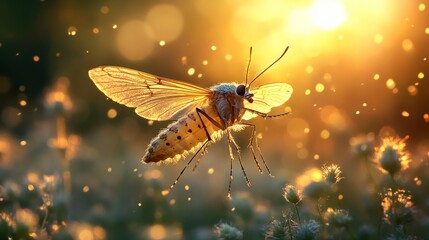 Naklejka premium Sunrise Moth in Flight over Wildflowers