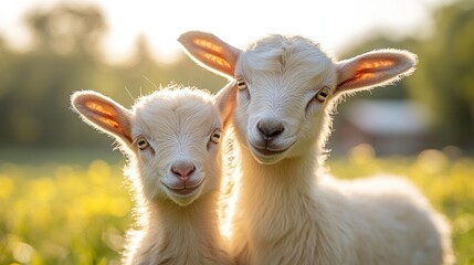 Obraz premium Two adorable baby goats in a field, bathed in sunlight. Possible use Children's book illustration or animal welfare poster