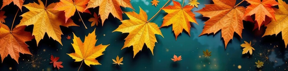 Fototapeta premium Aquatic arrangement of golden autumn oak leaves, arrangement, fall