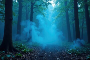 Fototapeta premium An ethereal mist of vivid blue shrouds the forest floor, eerie, vivid blue smoke cloud isolated on background