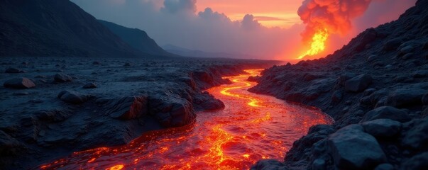 Fototapeta premium A river of liquid fire flows through a barren and rocky land, fiery terrain, rocky ground, volcanic eruption