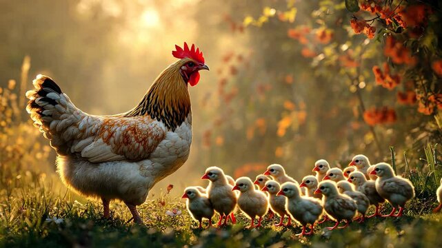 Hen foraging with her herd of adorable chicks in a sunlit garden during the golden hour, A hen and a herd of chicks foraging on the grass in the rural morning