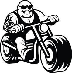 Smiling Muscular biker riding a motorcycle silhouette vector art, Modern muscular biker riding a motorcycle line art vector icon illustration