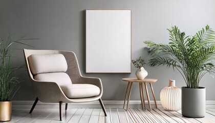 Minimalist Mockup Poster 3D Armchair with Decorative Elements in a Sleek and Modern Environment, Embracing Clean Lines and Sophisticated Simplicity.