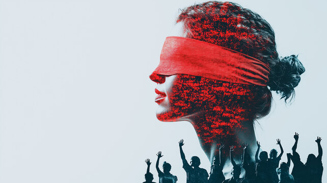 Silent Protest: A symbolic representation of injustice and the struggle for human rights, featuring a woman with a blindfold juxtaposed with a crowd of protestors raising their hands. 
