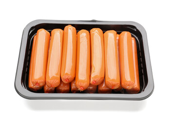 Packing box with tasty sausages on white background