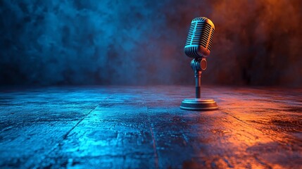 Vintage microphone stands alone on a reflective stage with dramatic lighting effects